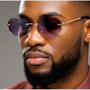 Rimless Sunglasses‎ Gradient Black Lens Gold Frame Fashion Trendy Men Lentes New